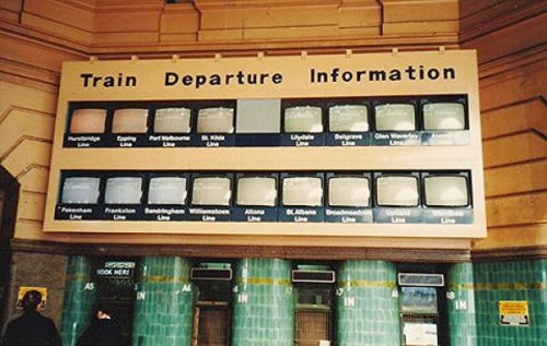 "Train Departure Information" - Flinders Street Station in the early 1980s (via AWA Rediffusion)