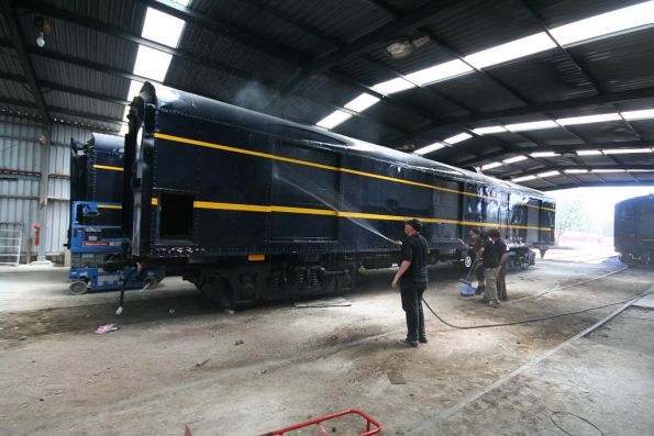 Guards van CS 1 getting a wash in the sheds at Seymour