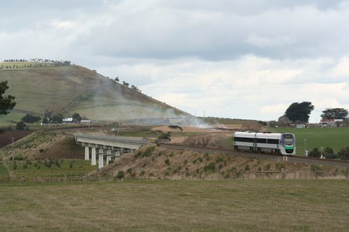 VLocity Melbourne bound crossing the Moorabool River on the Bungaree deviation on the Ballarat line