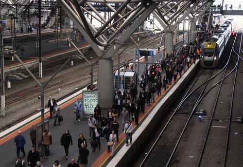 An up Geelong train arrives into Southern Cross only 9 minutes late