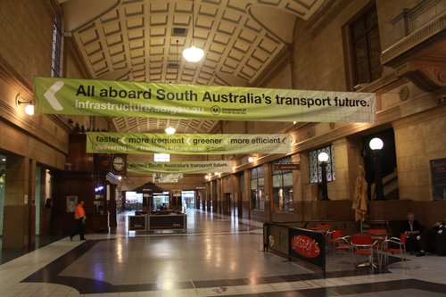 SA Government banners at Adelaide station spruiking their transport investments