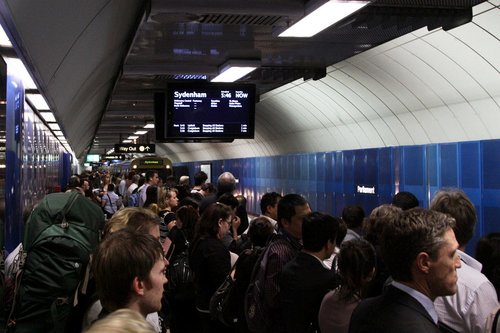 Packed platforms at Parliament station in the City Loop