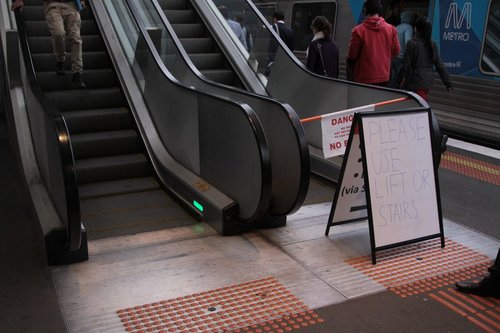 A few days on, the escalator at North Melbourne station platform 1 still broken