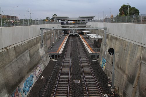 Looking down the line towards the sunken platforms at Mitcham station