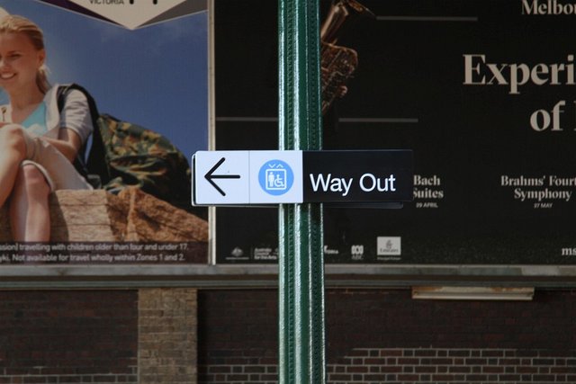 New 'Way out' signs at Geelong platform 2 and 3, following the opening of the accessible bridge at the down end