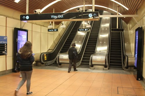 Escalators up to concourse level at Flagstaff station