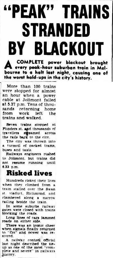 Trains stranded due to blackout. The Argus, 12 March 1954